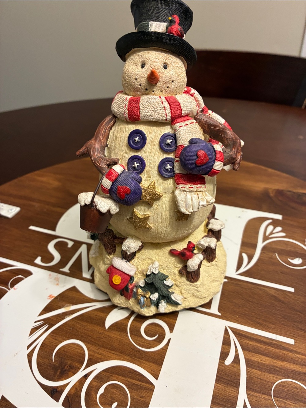 Vintage Festive hand-painted resin Red & Cream Snowman figurine music box
